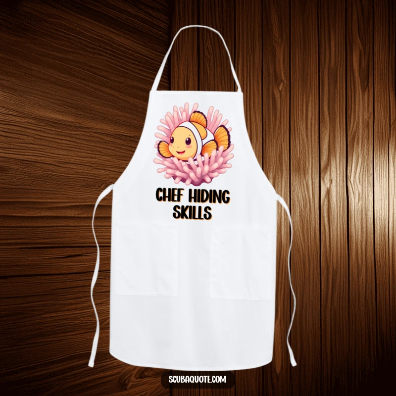 Funny apron featuring a smiling clownfish peeking from its anemone, adding a playful and humorous ocean theme to kitchen activities.