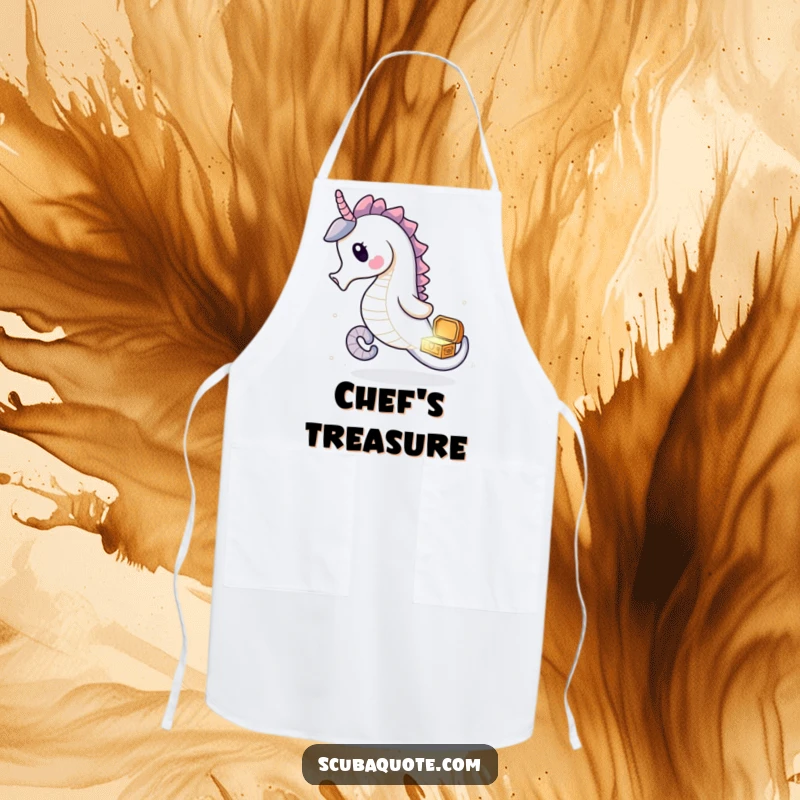 Funny seahorse apron with a delighted seahorse chasing a treasure chest, perfect for kitchen adventures.