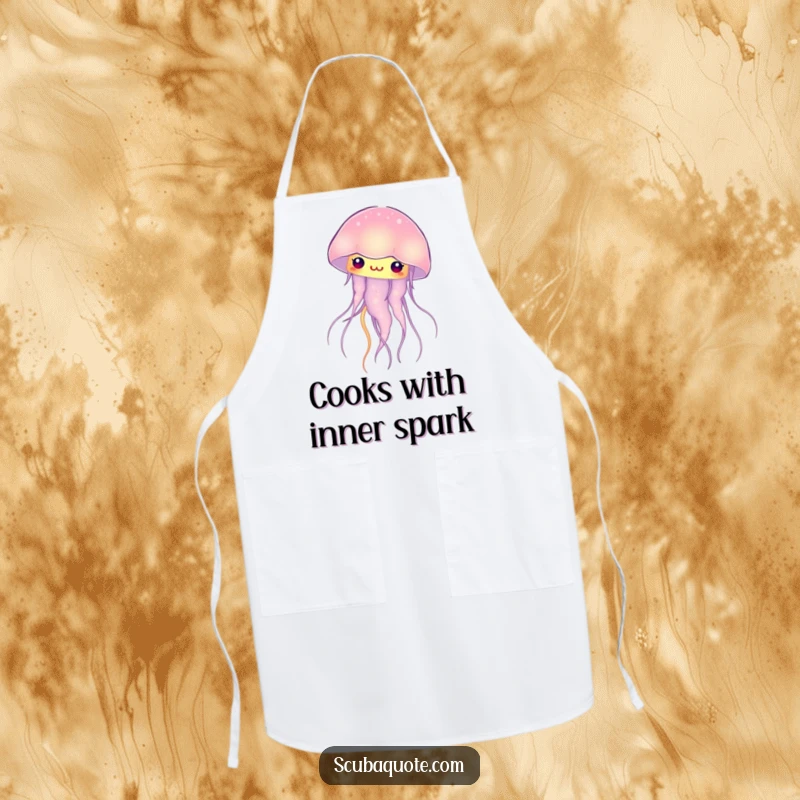 Funny curious jellyfish apron, with a soft, internal glow, bringing ocean humor and protection to the kitchen.