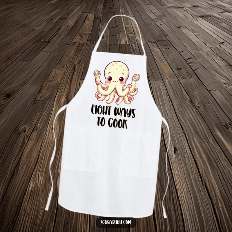 Funny apron showcasing a curious octopus with eight arms holding seashells, perfect for adding a playful and humorous touch to kitchen activities.