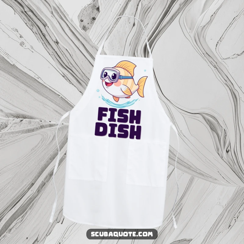 Funny apron showing a happy fish with a diving mask, kicking its tail as if cooking or preparing food underwater.