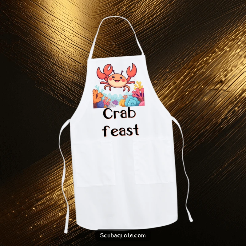 Funny apron showing a happy crab with claws extended, exploring a colorful coral reef as if cooking.