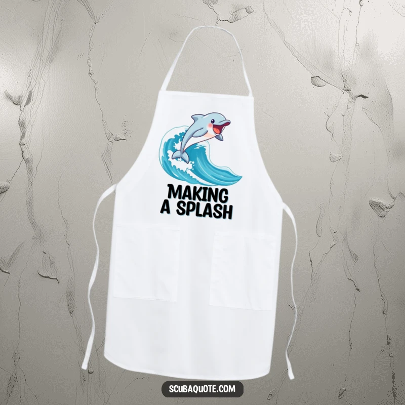 Funny happy dolphin leaping from a blue wave on a kitchen apron, perfect for sunny day cooking.