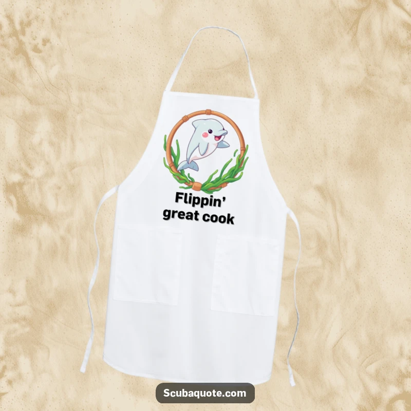 Funny apron featuring a playful dolphin leaping through a seaweed hoop, perfect for adding fun to cooking.