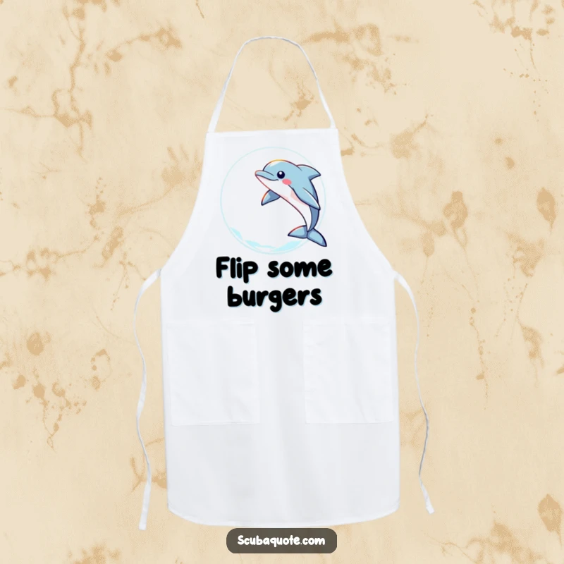 Funny apron for chefs, showing a playful dolphin leaping through a ring of light, perfect for kitchen fun and ocean humor.