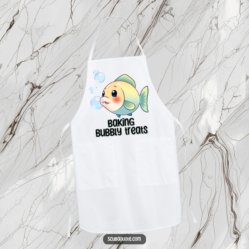Funny apron showcasing a cheerful fish blowing large iridescent bubbles, perfect for adding a playful and humorous touch to kitchen activities.
