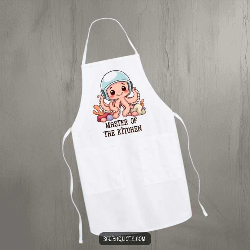 Funny apron for chefs, showing a curious octopus in a helmet peeking from coral, perfect for kitchen adventures and marine humor.