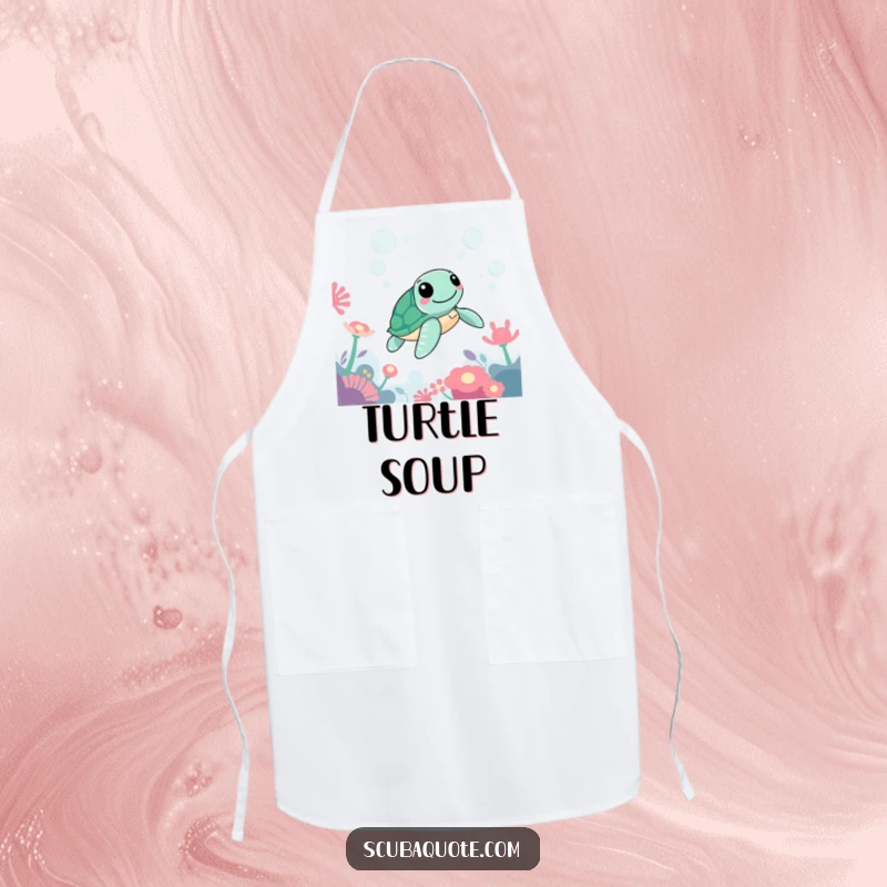 Funny apron showing a happy sea turtle gliding past colorful anemones and bubbles, as if cooking underwater.