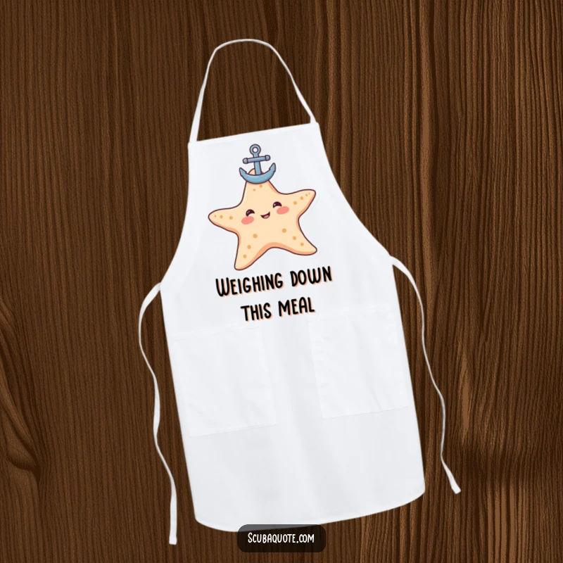Funny starfish apron showing a contented starfish balancing an anchor, ideal for adding humor to kitchen activities.