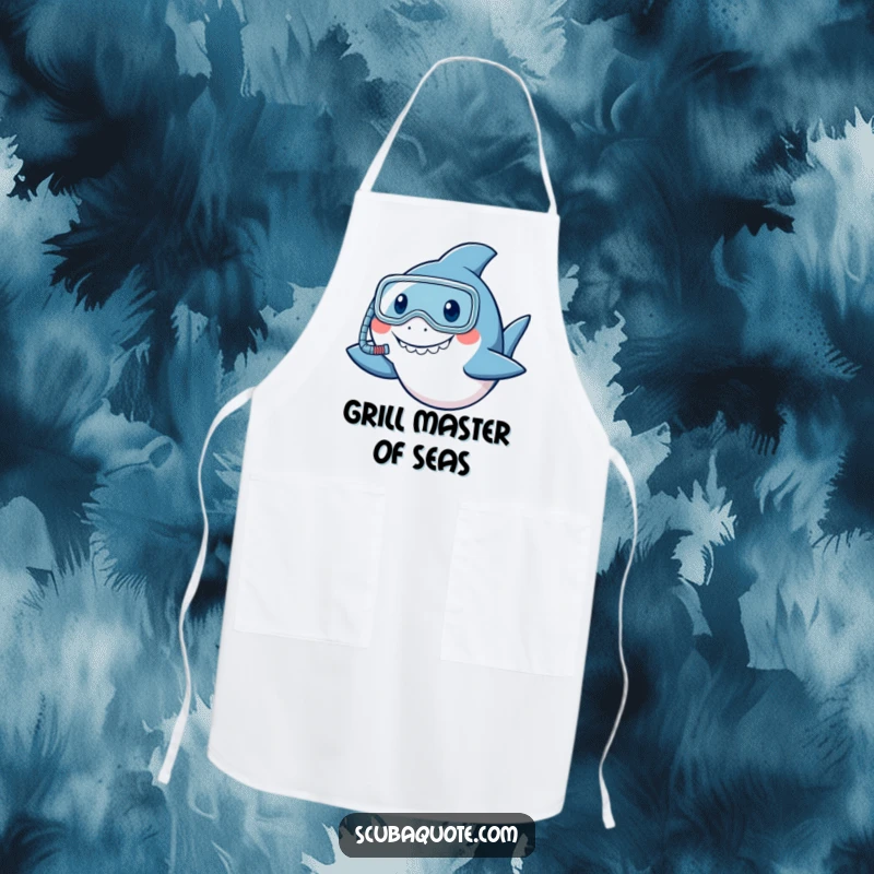 Funny shark apron with a snorkel, smiling and nodding, bringing kitchen humor and protection.
