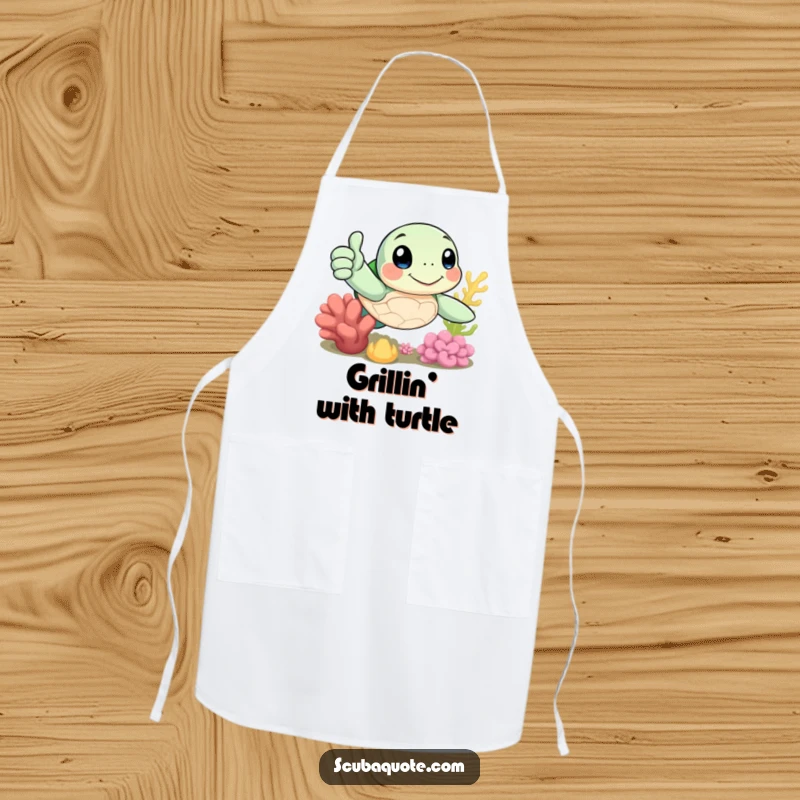 Funny apron featuring a cheerful sea turtle giving a thumbs-up near coral, perfect for kitchen positivity.