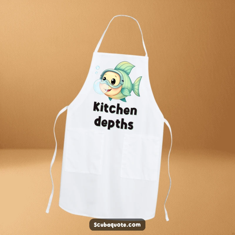 Apron featuring a happy fish in a diving mask, blowing a bubble, adding underwater fun to kitchen tasks.