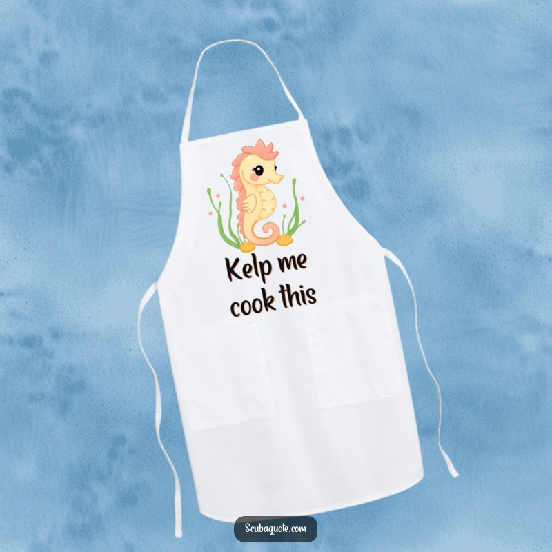 Funny apron depicting a happy seahorse gracefully swimming amidst seaweed, adding a touch of oceanic elegance to kitchen tasks.