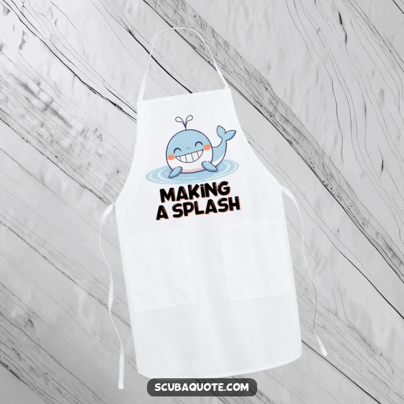 Funny Whale Apron: A grinning whale spouts water, perfect for adding a touch of funny maritime fun to your kitchen.