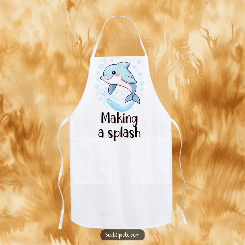 Funny apron showcasing a happy dolphin leaping through bubbles, perfect for adding a playful and humorous touch to kitchen activities.