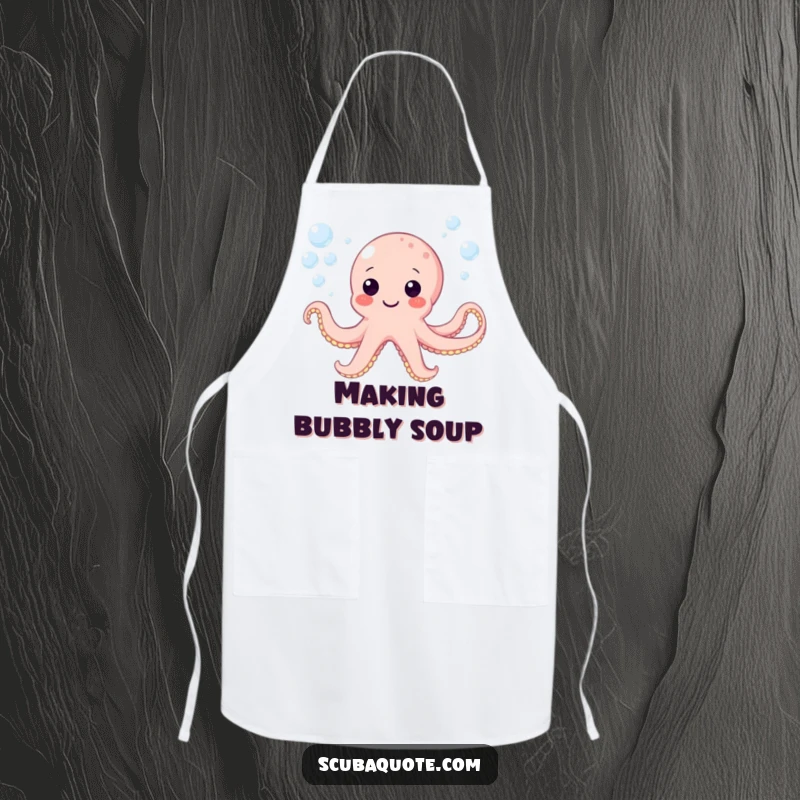 Funny apron featuring a happy octopus character blowing bubbles underwater, perfect for adding fun to cooking.