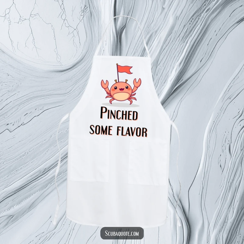Funny apron for chefs, showing a happy crab scuttling forward with a tiny flag, perfect for kitchen adventures and beachy humor.