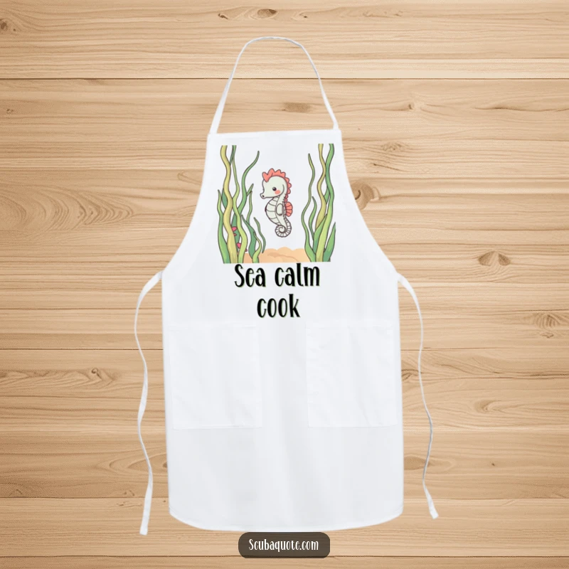Funny apron featuring a content seahorse peacefully drifting amongst swaying seaweed strands, bringing a calm, oceanic vibe to your kitchen.