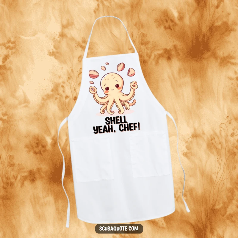 Funny Octopus Apron: A curious octopus artistically juggles shiny shells, adding a whimsical and funny touch to your kitchen attire.