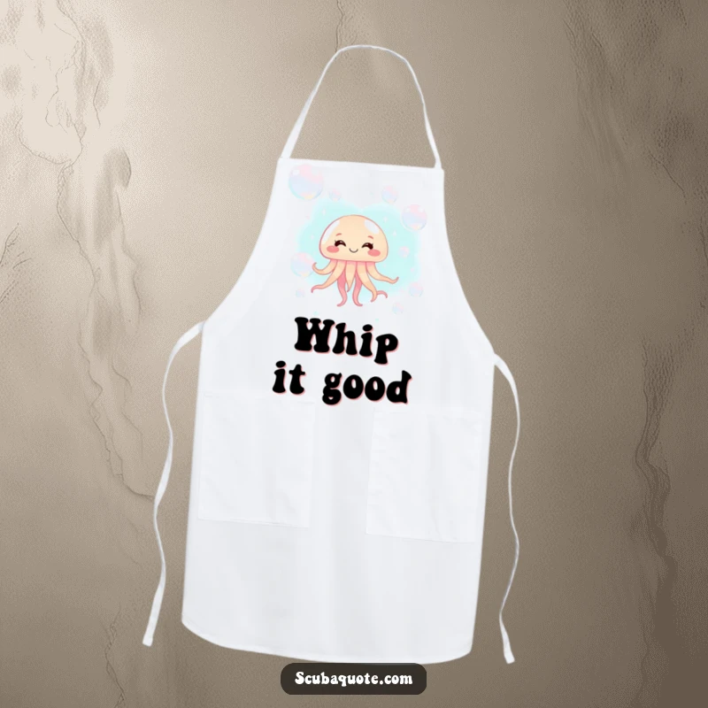 Funny jellyfish apron with a giggling jellyfish floating among bubbles, perfect for cooking and kitchen protection.
