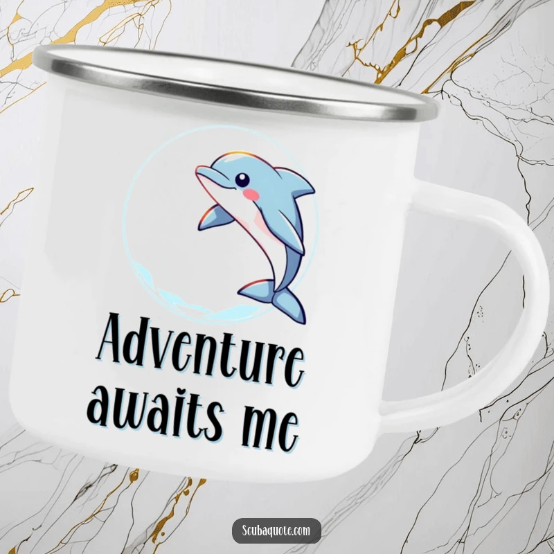 Funny camping mug featuring a playful dolphin leaping through a ring of light, perfect for outdoor enthusiasts who love dolphins.