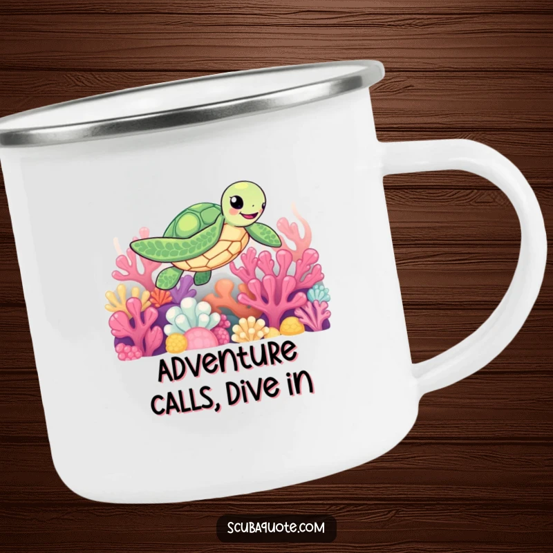 Funny camping mug featuring a happy sea turtle exploring a vibrant coral reef, perfect for outdoor beverages.