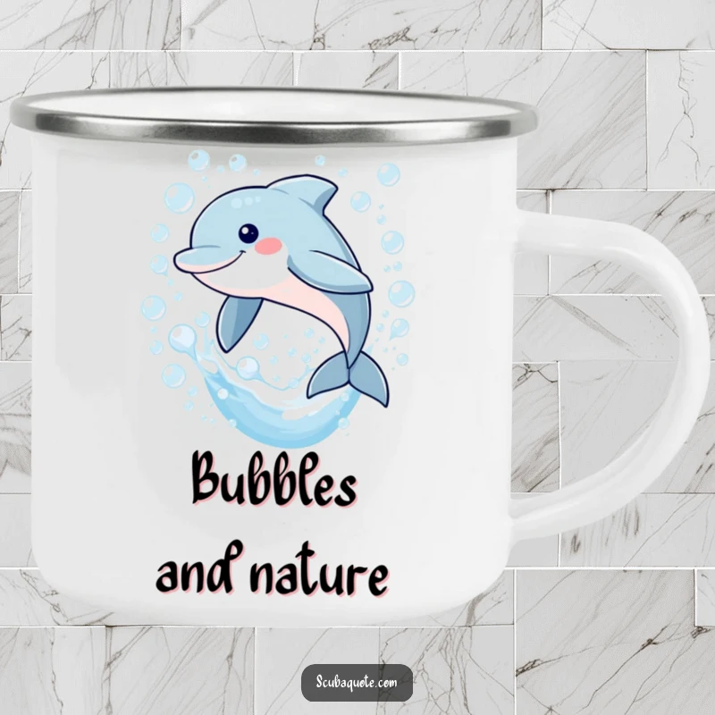 Funny camping mug with a happy dolphin leaping through bubbles, designed for durability and bringing a touch of marine joy to outdoor trips.