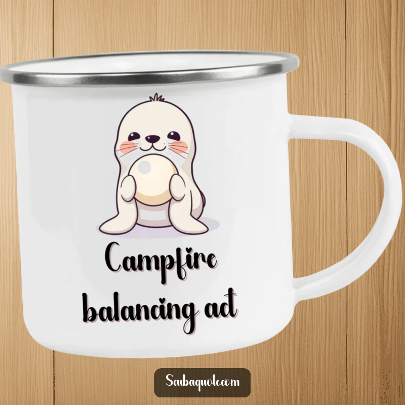 Funny camping mug with a playful seal balancing a ball on its nose, built for durability and adding circus cheer to outdoor activities.