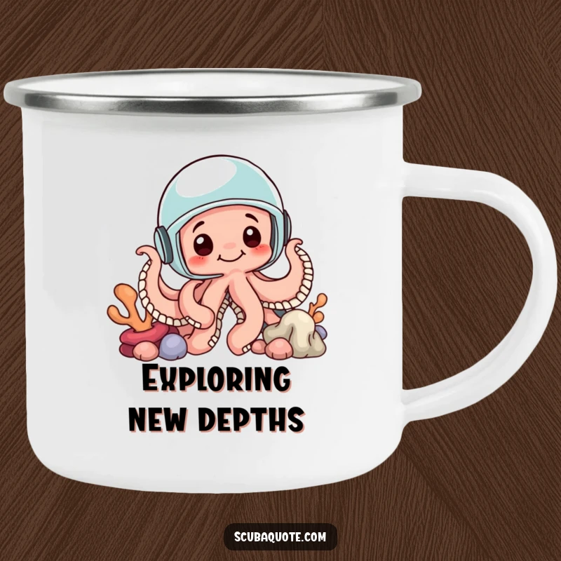 Funny camping mug featuring a curious octopus in a helmet peeking from coral, perfect for outdoor enthusiasts who love the sea.