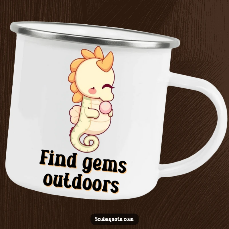 Funny happy seahorse camping mug, gently nudging a pearl, ready for outdoor gentle humor.