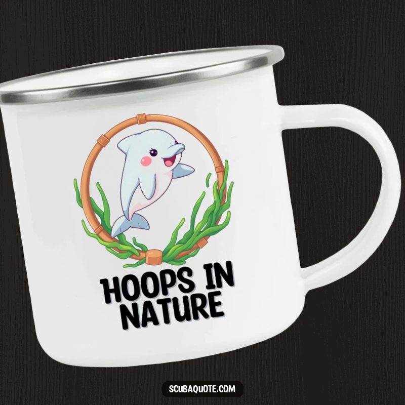 Funny camping mug with a playful dolphin leaping through a seaweed-decorated hoop, designed for outdoor enjoyment.