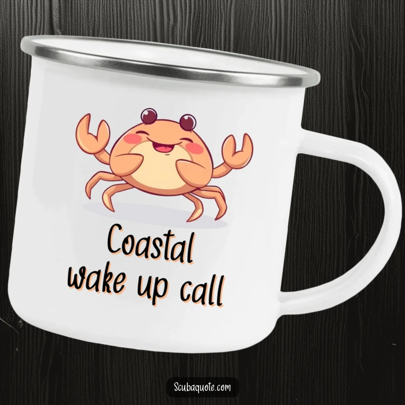 Funny camping mug featuring a giggling crab wiggling its claws, designed for durability and adding a touch of humor to outdoor experiences.