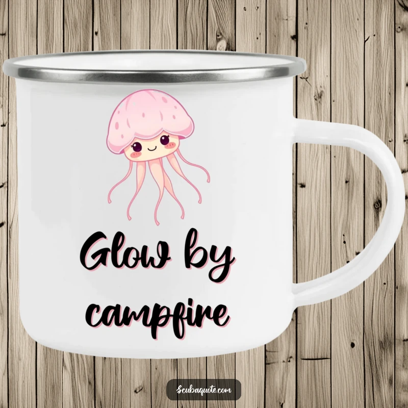 Funny smiling jellyfish floating serenely with glowing tendrils on a rugged camping mug, perfect for tranquil explorations.