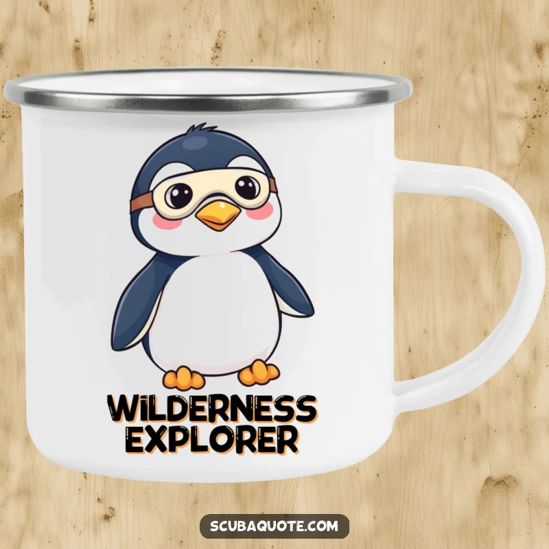 Funny camping mug showing a playful penguin wearing a mask and fins, ready to embark on exciting outdoor adventures, durable and fun.