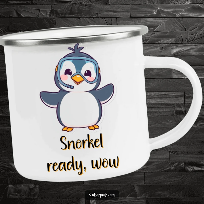 Funny camping mug with a cheerful penguin in snorkel gear, waving hello, designed for durability and adding humor to outdoor trips.