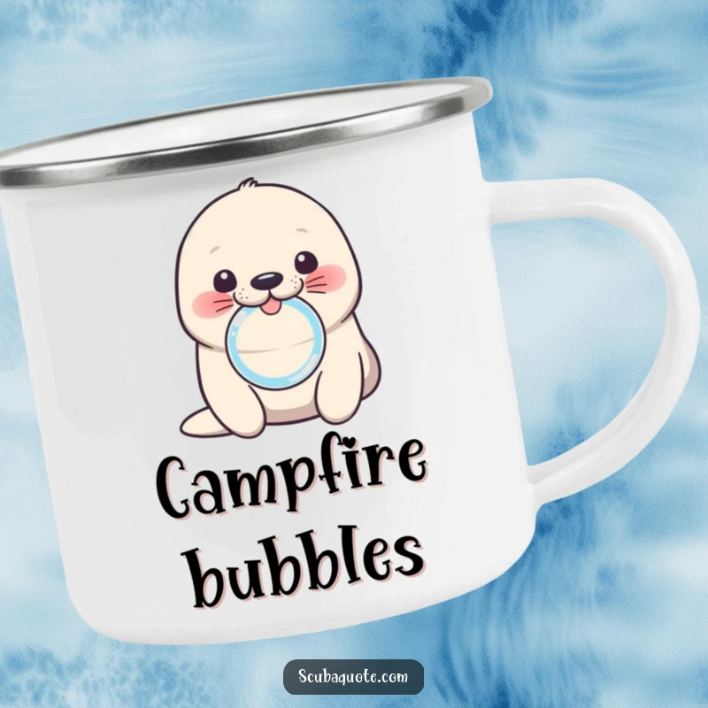 Funny seal camping mug with a cute pup blowing a bubble ring, ideal for outdoor adventures and animal lovers.