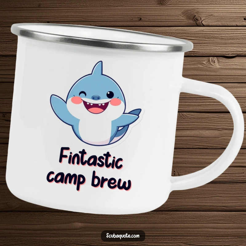Funny shark camping mug with a smiling shark waving friendly, perfect for hot or cold drinks on the go.