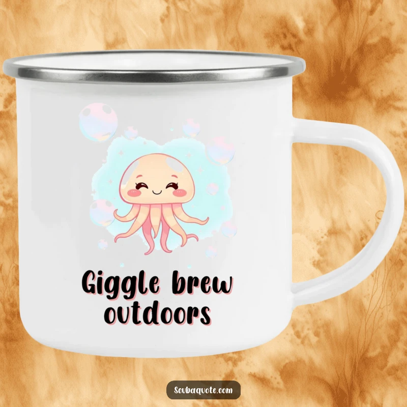 Funny jellyfish camping mug with a giggling jellyfish and bubbles, perfect for outdoor drinks.