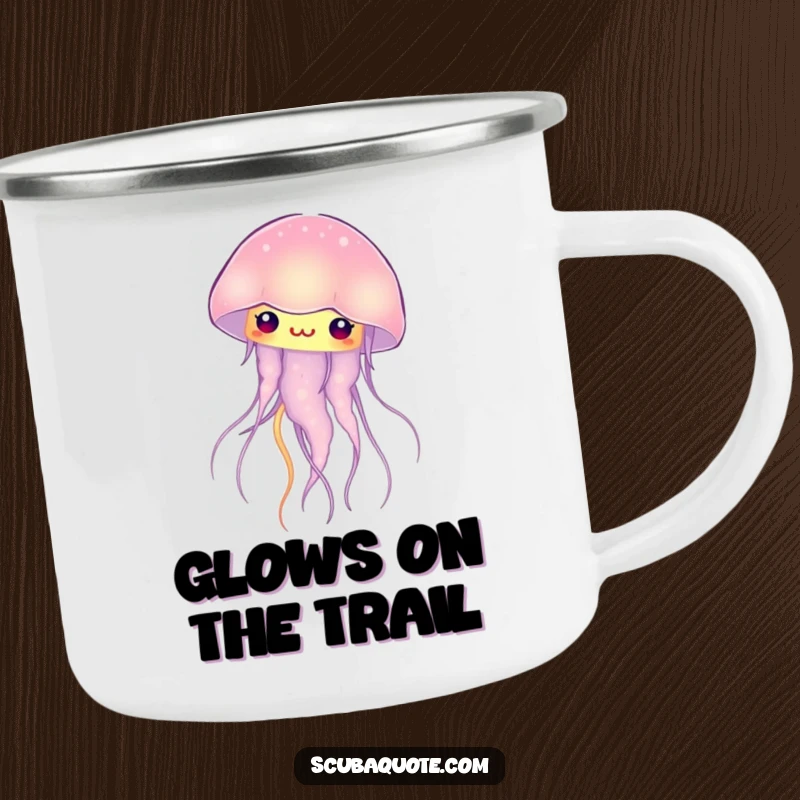 Funny glowing jellyfish camping mug, a curious creature pulsing with light, ideal for outdoor humor.