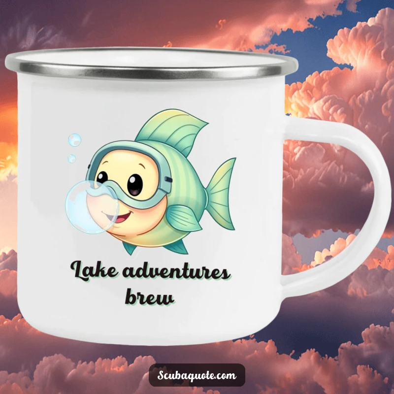 Camping mug featuring a happy fish in a diving mask, blowing a bubble, perfect for enjoying drinks outdoors.
