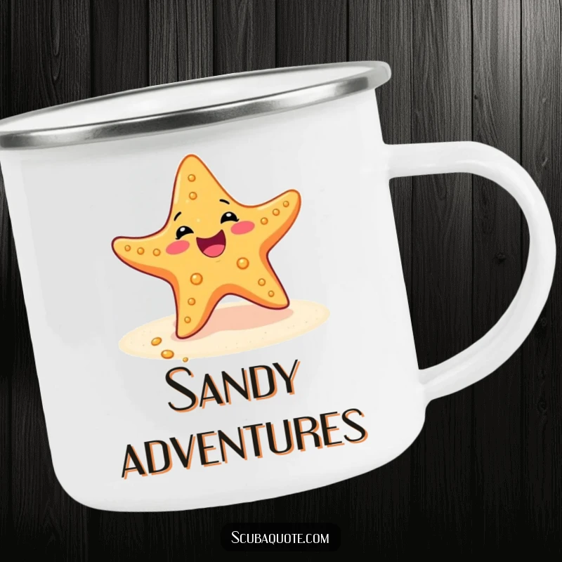Funny camping mug with a delighted starfish performing a happy wiggle dance on the sandy ocean floor.