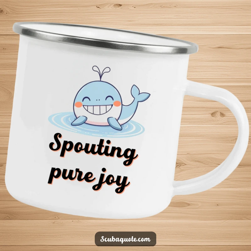 Funny Whale Camping Mug: A grinning whale spouts water, perfect for enjoying drinks outdoors with a dose of humor.