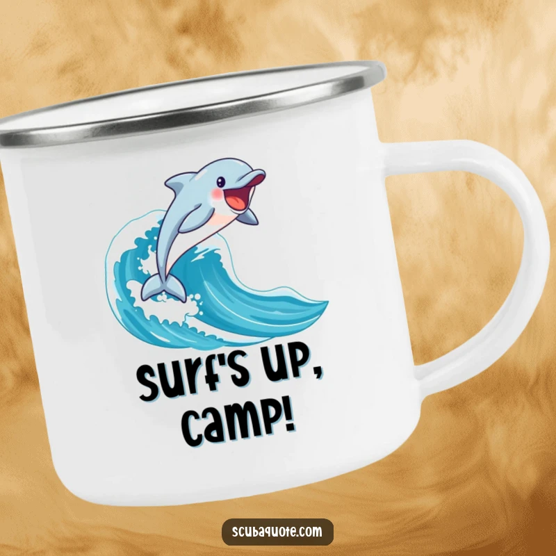 Funny happy dolphin leaping from a blue wave on a rugged camping mug, perfect for oceanic adventures.