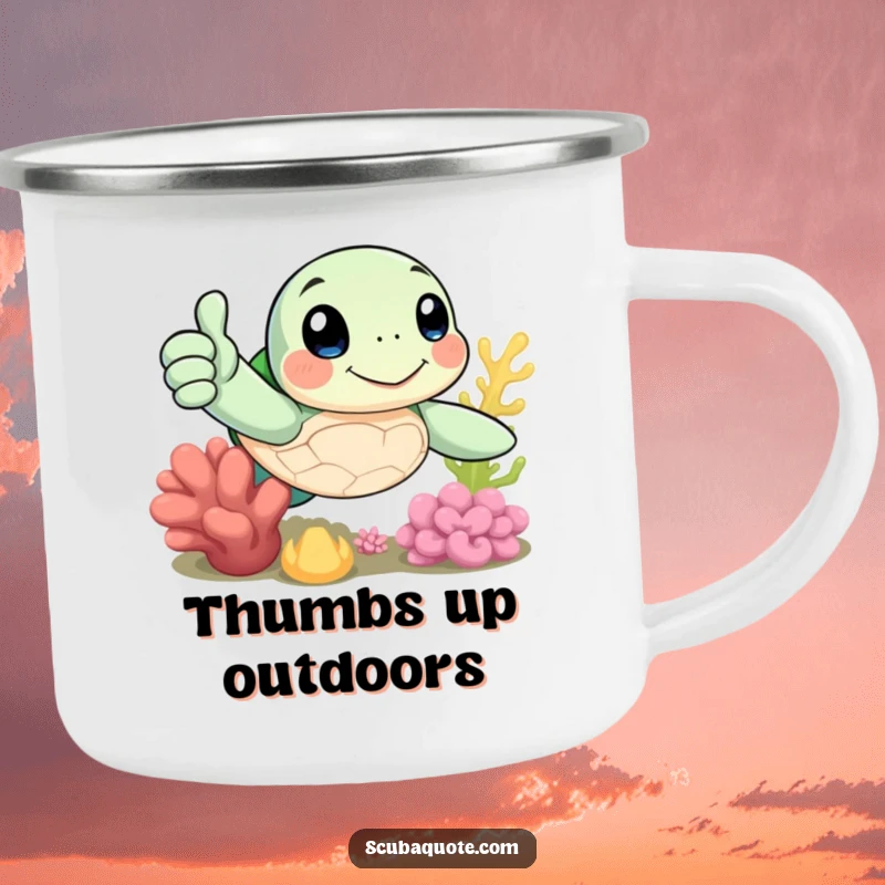 Funny camping mug with a cheerful sea turtle giving a thumbs-up near coral, designed for outdoor enjoyment.