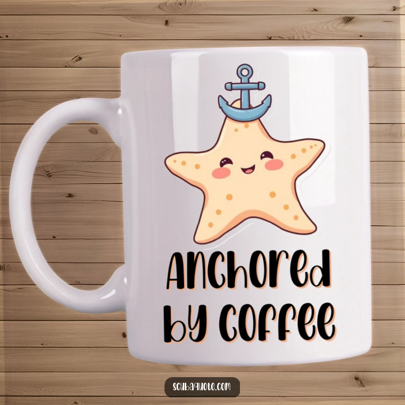 Funny starfish mug showing a contented starfish perfectly balancing a small anchor on its head, embodying serene humor.