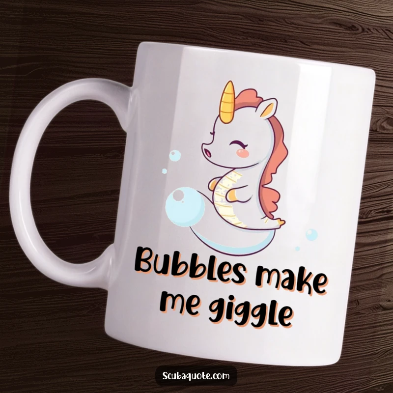 Funny seahorse mug featuring a tiny seahorse joyfully giggling while speeding on a giant bubble, capturing pure underwater delight.