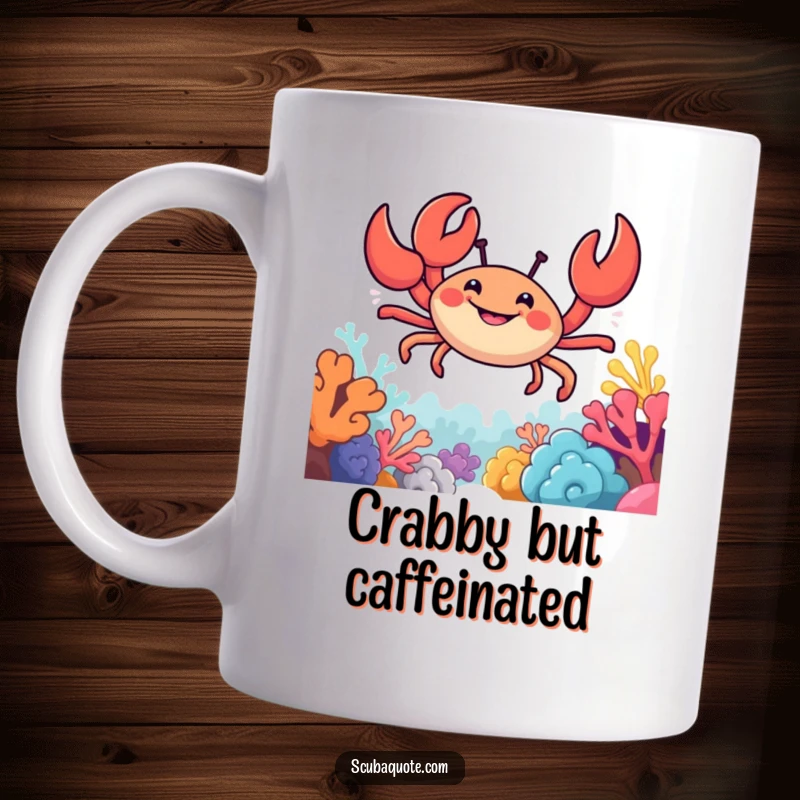 Funny mug showcasing a grinning crab with claws extended, skillfully navigating a colorful coral reef.