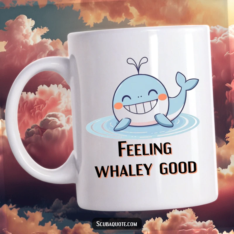 Funny Whale Mug: A contented whale with a wide grin spouts water, radiating pure ocean fun and happiness.