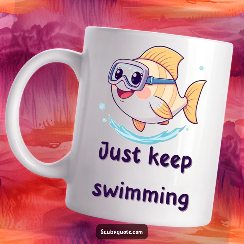Funny mug showcasing a joyful fish wearing a diving mask, enthusiastically kicking its tail while swimming underwater.