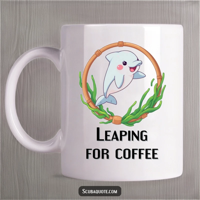 Funny mug with a playful dolphin character leaping gracefully through a hoop adorned with seaweed.